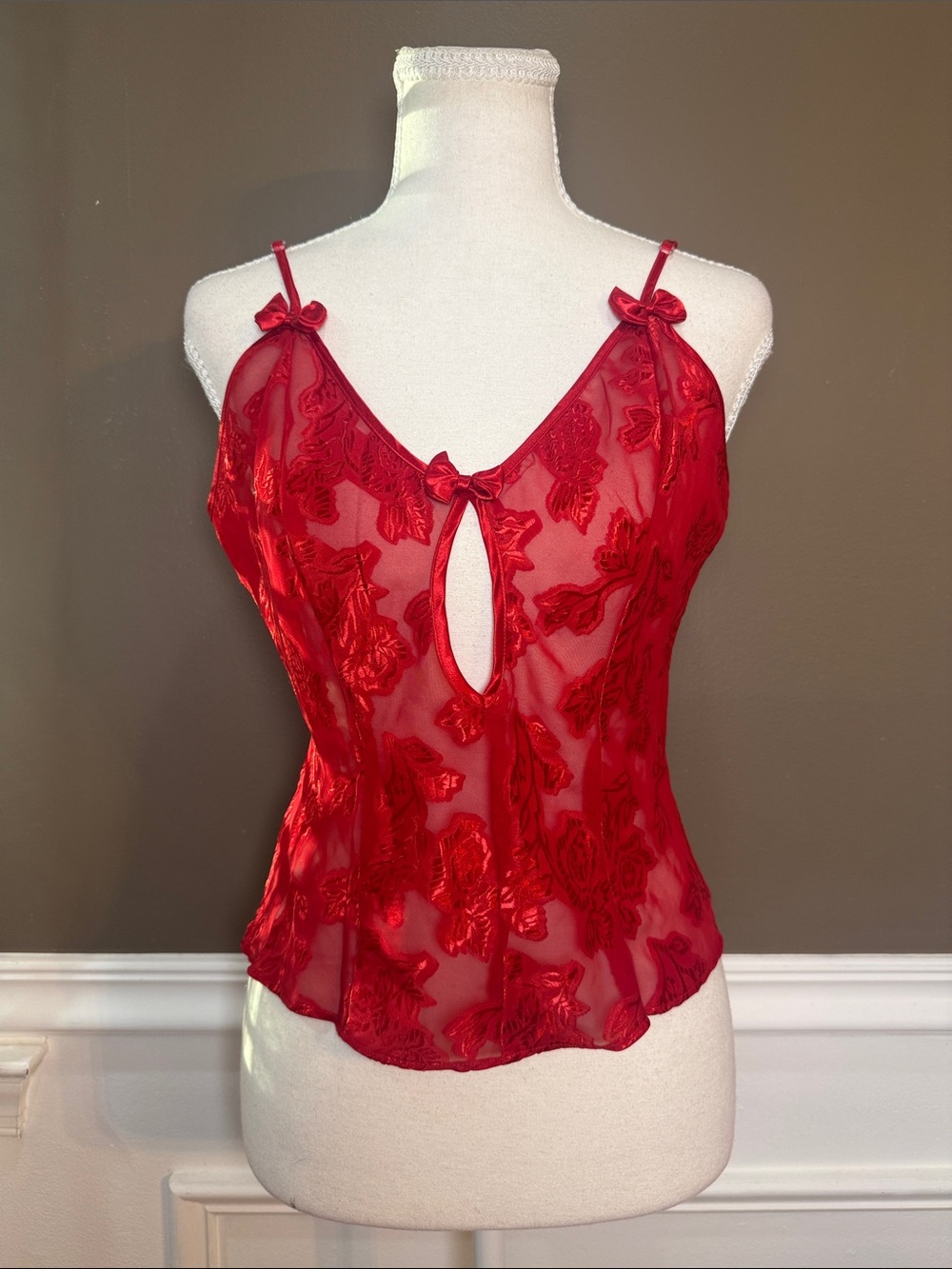 Frederick’s of Hollywood Red Sheer Floral Mesh Cami Top M